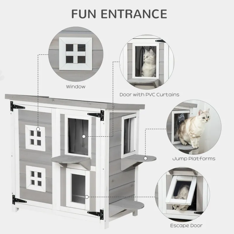 PawHut 2-Tier Cat House, Outdoor Feral Cat Shelter, with Weather Resistant Roof, Escape Door, PVC Curtain, Glass Window, Grey