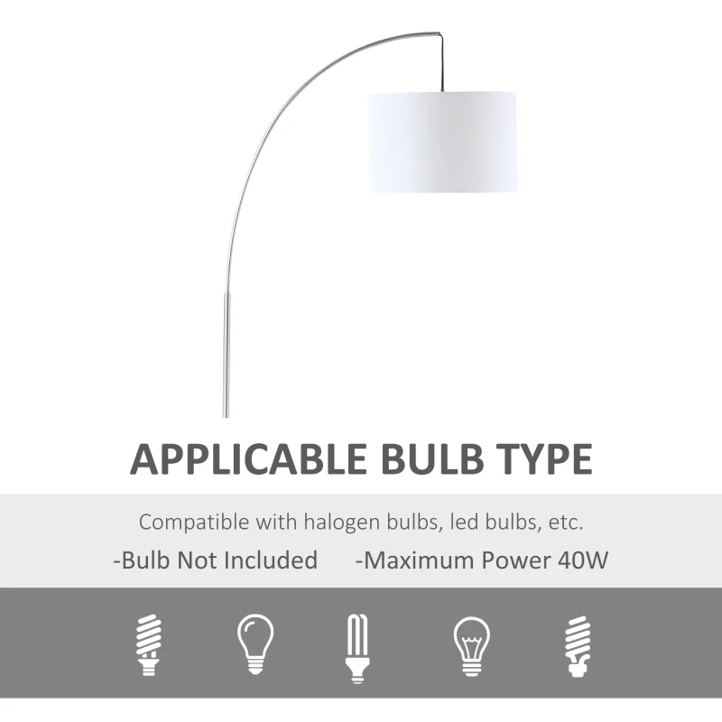 HOMCOM Arc Floor Reading Lamp, Tall Pole Standing Lamp with Hanging Fabric Lampshade for Living Room or Bedroom, Silver/White