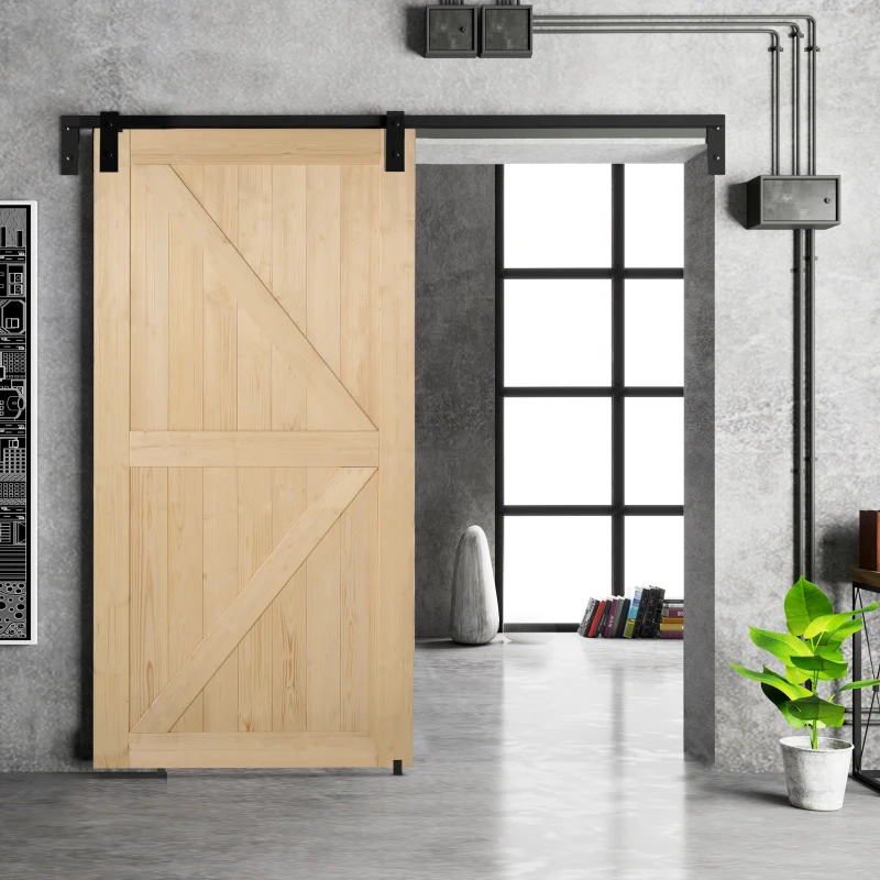 HOMCOM 7' H x 3.5' W Sturdy Sliding Barn Door, Unfinished Solid Spruce Wood Frame with Pre-Drilled Holes