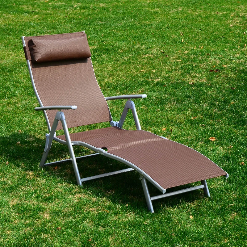 Outsunny Patio Reclining Chaise Lounge Chair with Cushion - Brown and Silver Outdoor Deck