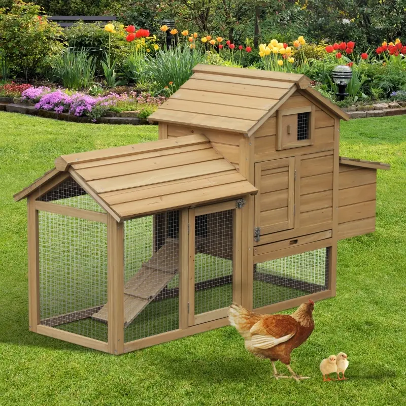 PawHut 59" Wooden Outdoor Hen House Small Animal Livestock Cage Enclosure with Run