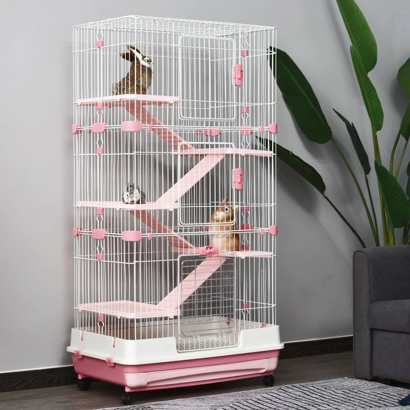 PawHut 6-level Indoor Rabbit Enclosure Small Animal Hutch Pink