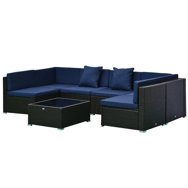 Outsunny 7 Piece Set Rattan Sofa Luxury Modular Conversation Outdoor Furniture - Deep Blue