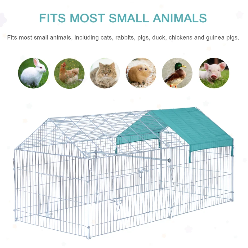 PawHut 86.6" x 40.6" x 40.6" Outdoor Guinea Pig Hutch Small Animal Folding Playpen Rabbit Enclosure w/ Cover - Silver & Green