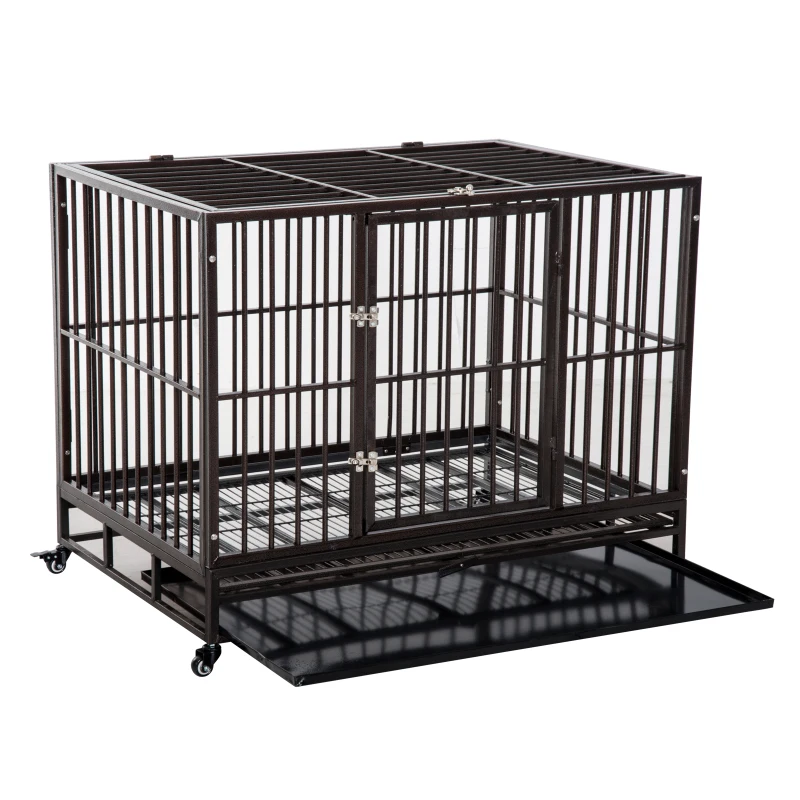 PawHut 42" Heavy Duty Dog Kennel Elevated Rolling Pet Crate Kennel Trays - Brown Vein