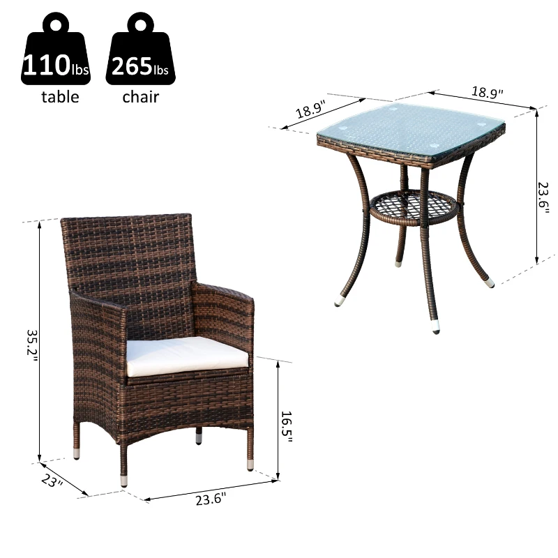 Outsunny 3 Piece 3 Piece Rattan Outdoor Cushioned Bistro Table and Chairs Set - Brown