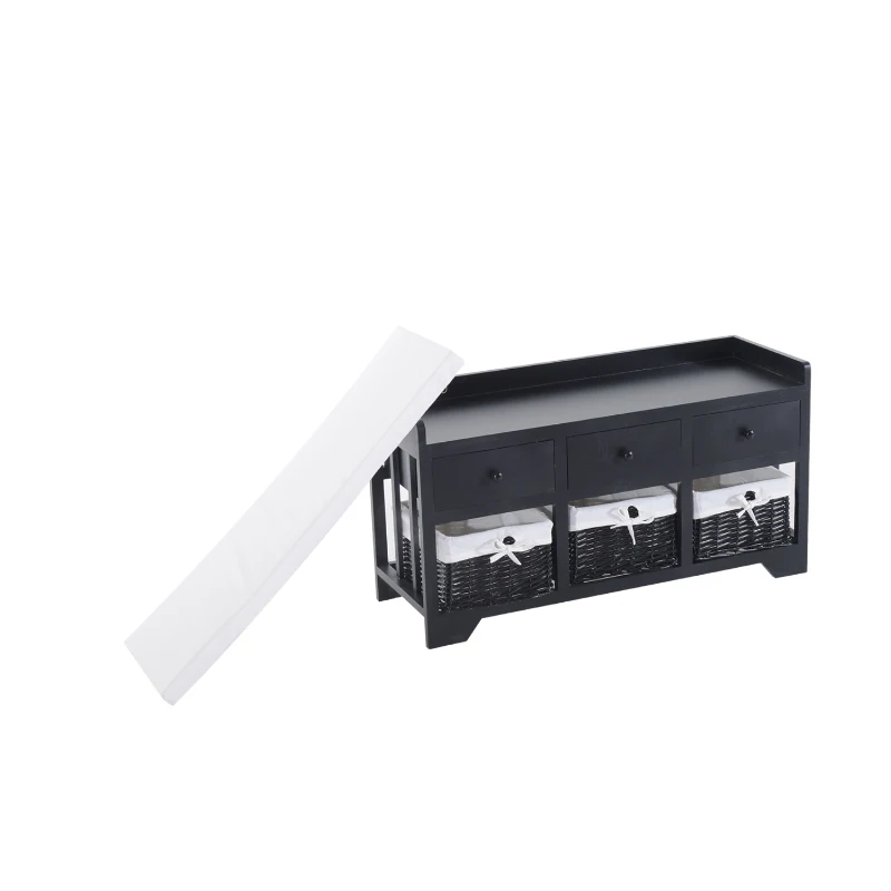 HomCom 39” Rustic Wooden 3 Drawer 3 Basket Storage Bench With Padded Seat  - Black/Beige