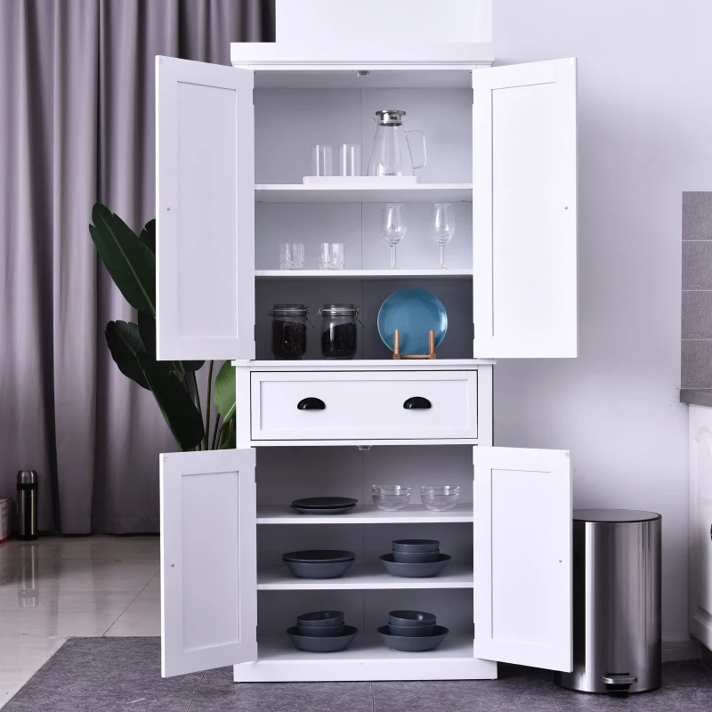 HOMCOM 72" H Traditional Colonial Freestanding Wood Kitchen Pantry with 1 Center Drawer and 2 Cabinets - White