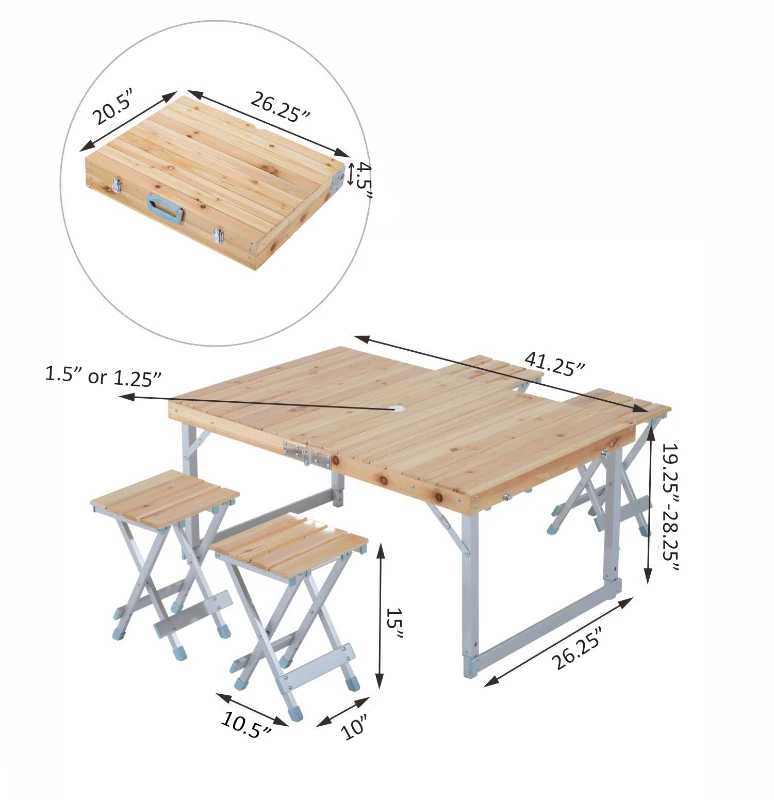 Outsunny 41" Height Adjustable Small Portable Wooden Folding Suitcase Picnic Table with Four Seats
