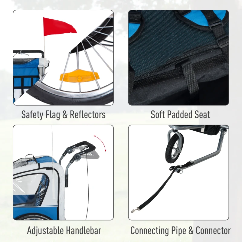 Aosom Elite Double Baby Bike Trailer Stroller Child Bicycle Jogger Swivel Wheel - Blue and Gray