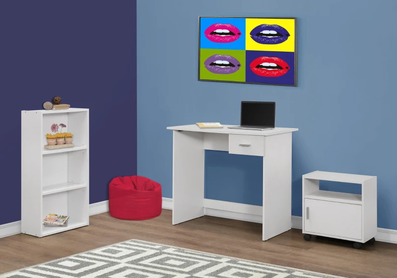 Monarch 3 Piece Computer Desk Set with Writing Desk, Bookcase and Multi-Purpose Storage Cart - White