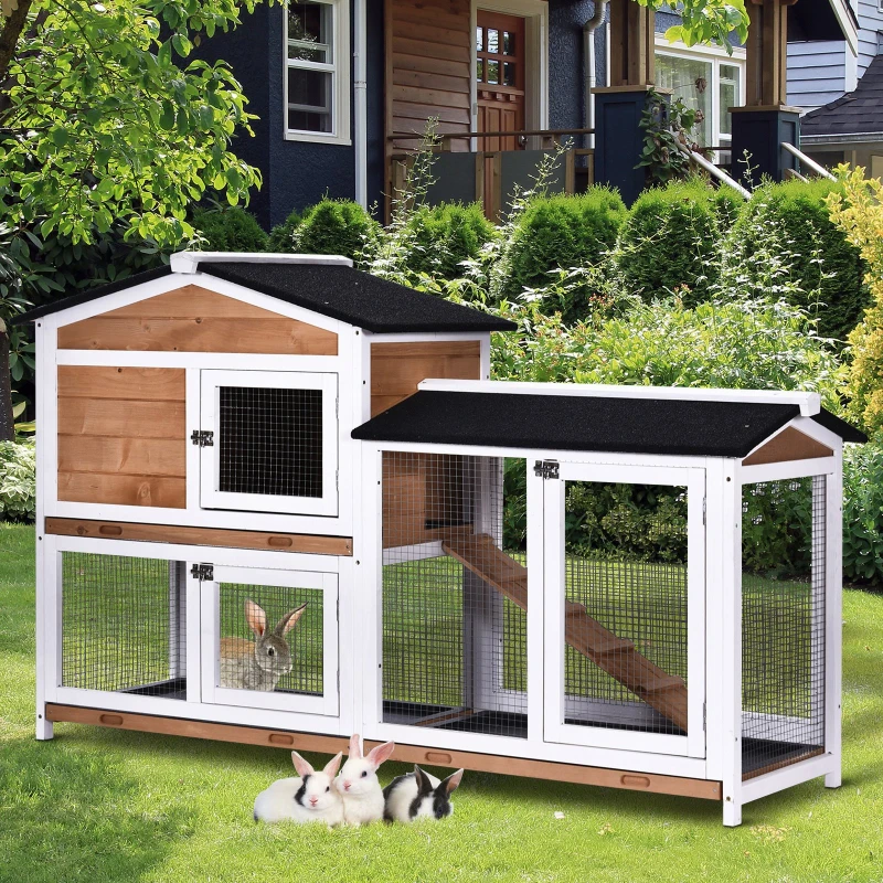 PawHut Wooden 2-Tier Rabbit Hutch with Outdoor Run and Ramp, Spacious Backyard Bunny Cage, Small Animal House
