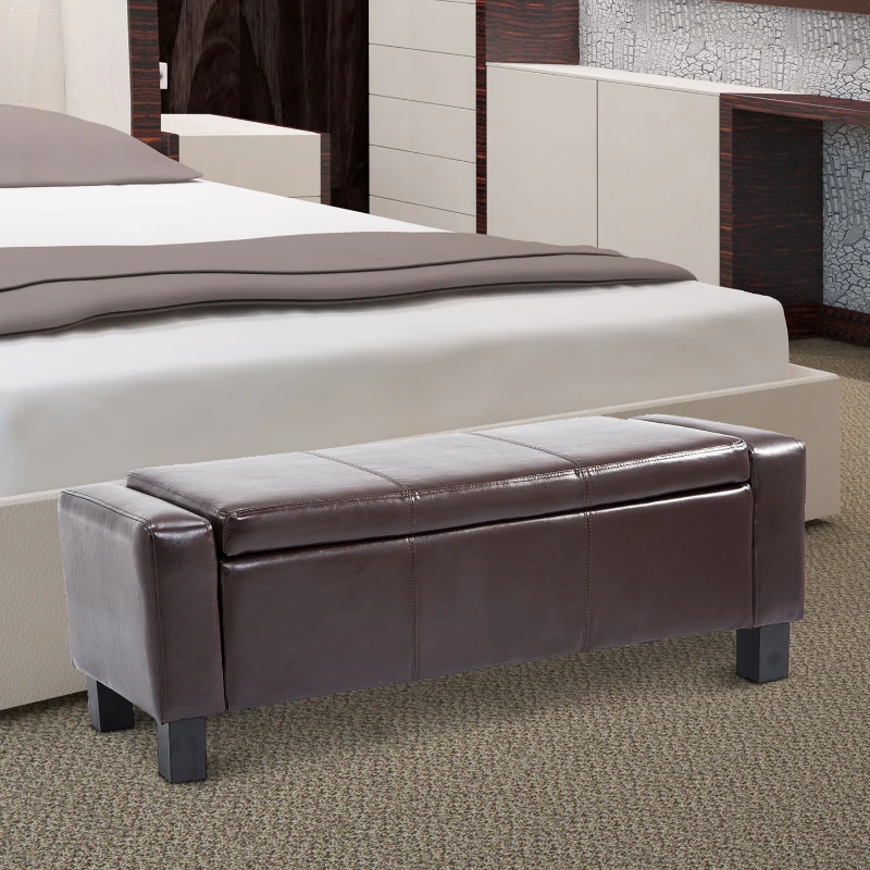 HOMCOM 42” Faux Leather Storage Ottoman Bench Organizer Chest Rectangular Footstool with Hinged Lid - Rich Coffee Brown
