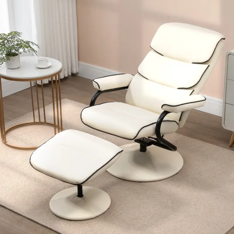 HOMCOM PU Leather High Back Recliner Armchair w/ Padded Ottoman, Cream White