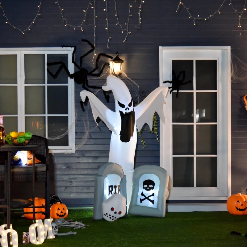 HOMCOM 6ft Tall Halloween Inflatable White Ghost With Double Tombstone Light Up Yard Decoration with LED Light and Fan