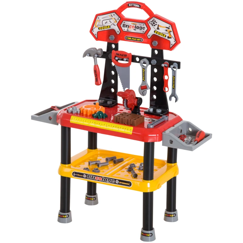 Qaba 74 Piece Kids Portable Pretend Play Toy Tool Workshop Bench Table Set with Shelf