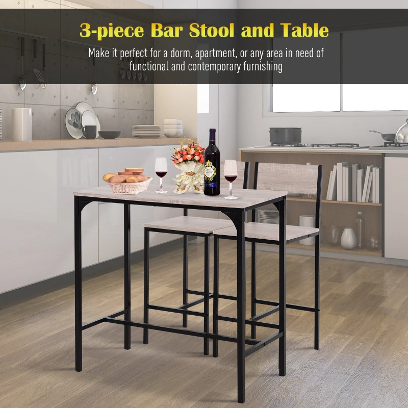 HOMCOM 3-piece Bar Table Set with High Back Stools, Industrial Counter Height