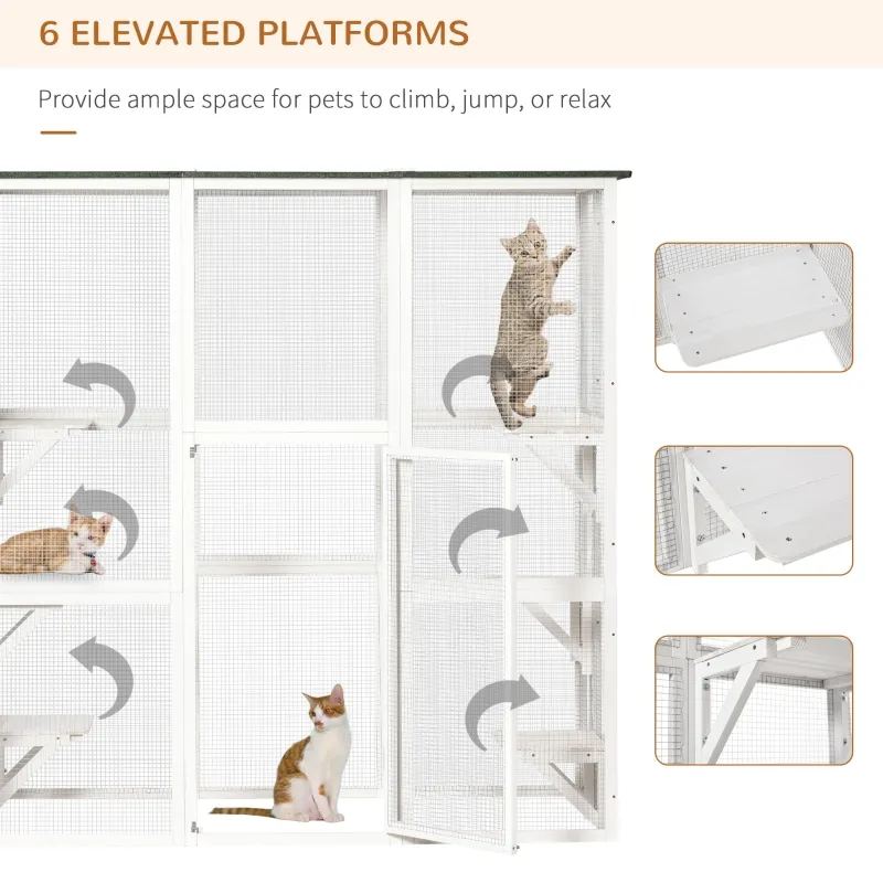 PawHut Outdoor Cat House Big Catio Wooden Feral Cat Shelter Enclosure with Large Spacious Interior, 6 High Ledges, Weather Protection Asphalt Roof, 71" L, White