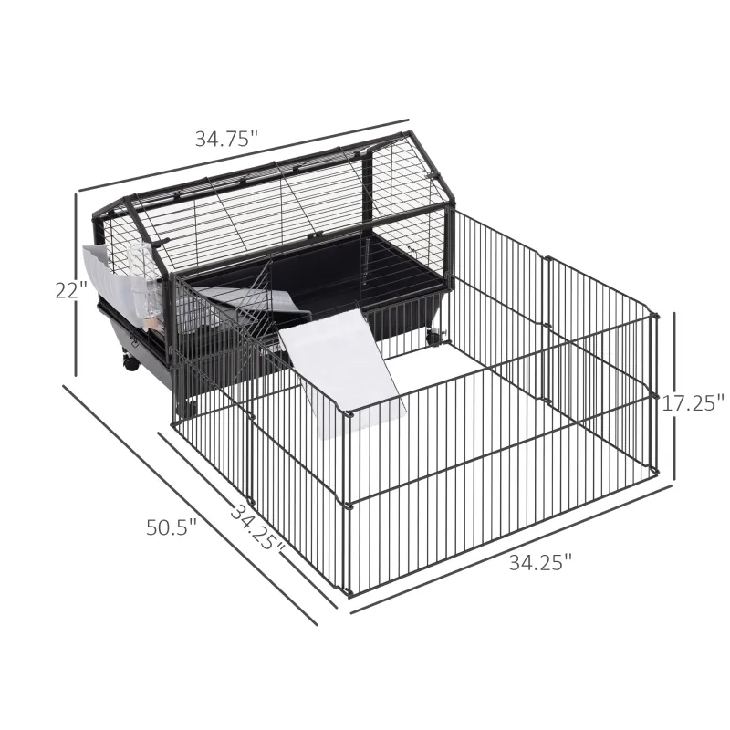 PawHut Rolling Metal Rabbit, Guinea Pig or Small Animal Hutch Cage with Main House and Run  35" L
