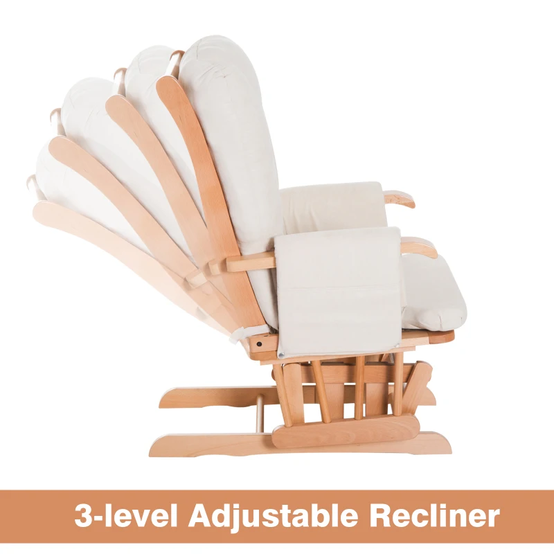 HomCom 2 Piece Ultra-Plush Reclining Rocking Chair with Gliding Ottoman Set - White / Natural Wood
