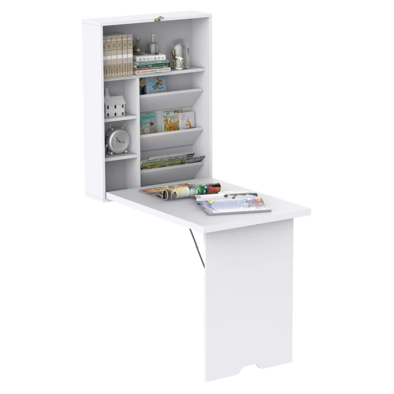 HomCom Wall Mounted Folding Table Computer Desk with Bookshelf Home Office Convertible Folding Storage Writing Table - White