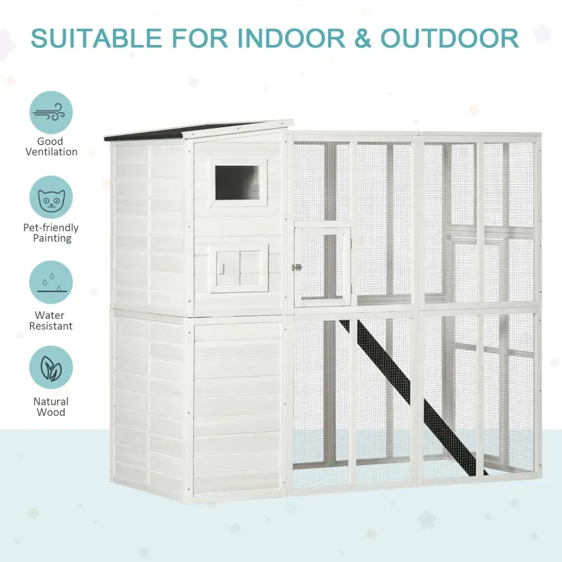 PawHut Wooden Cat Home Enclosure Pet House Shelter Cage Outdoor Play Area Run, White