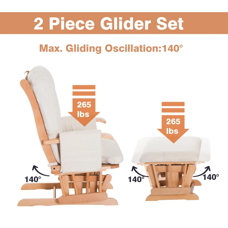 HomCom 2 Piece Ultra-Plush Reclining Rocking Chair with Gliding Ottoman Set - White / Natural Wood