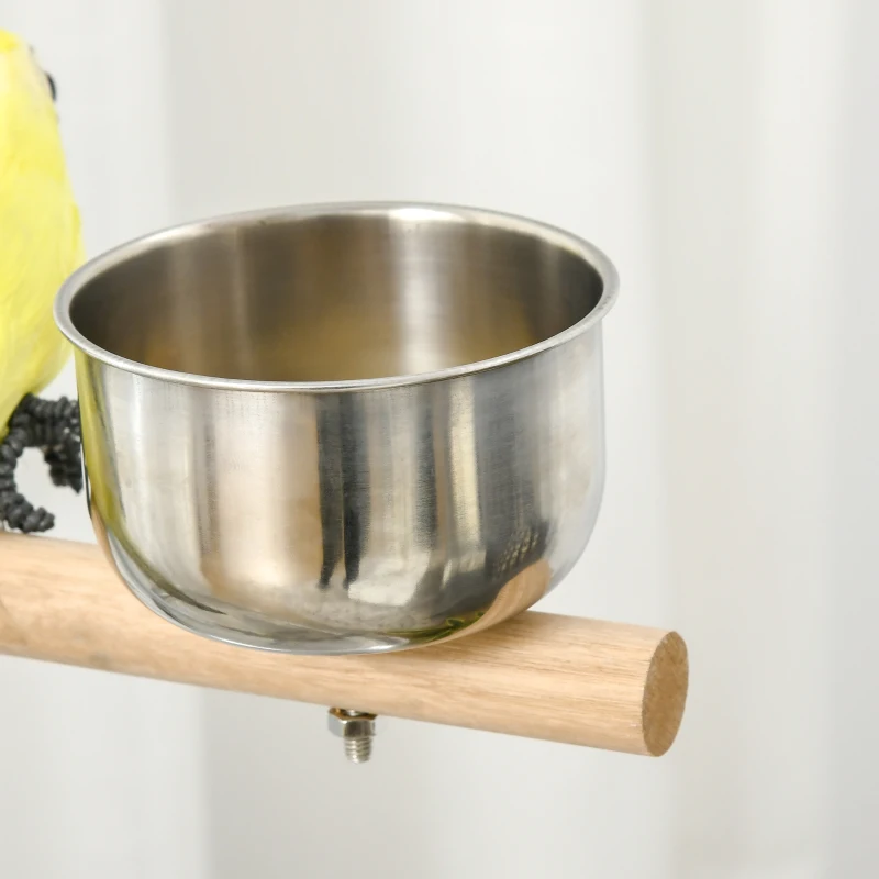 PawHut Rolling Parrot Stand with Lightweight Design, Metal Bird Stand with Wheels, Wooden Parrot Perch Stand, Stainless Steel Bird Food Bowls, Pure White