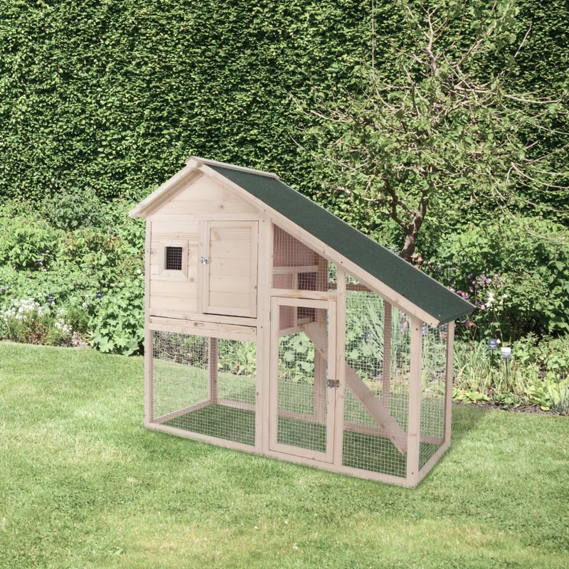 PawHut 55" Wood Double Rabbit Hutch Backyard Cage Small Animal House with Ramp and Outdoor Run