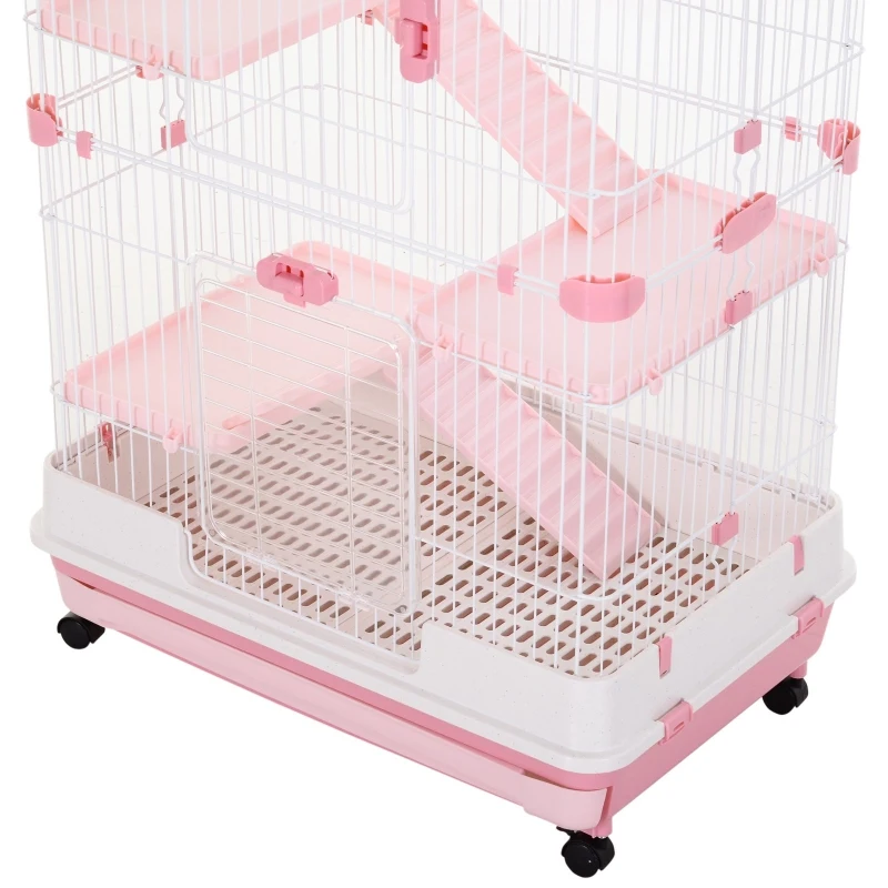 PawHut 4-level Indoor Guinea Pig Hutch Rabbit Enclosure Small Animal Hutch - Pink