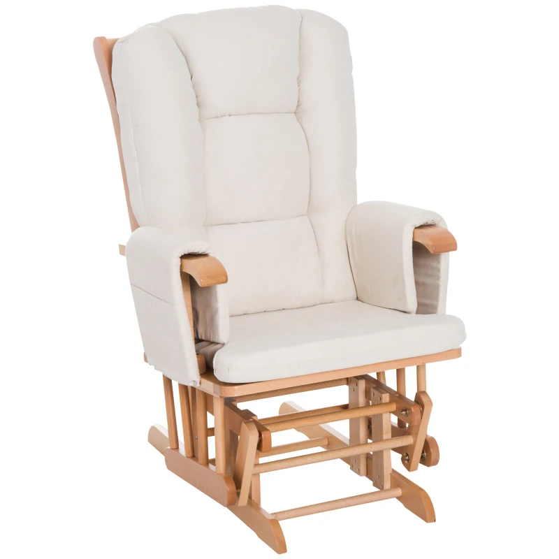 HomCom 2 Piece Ultra-Plush Reclining Rocking Chair with Gliding Ottoman Set - White / Natural Wood