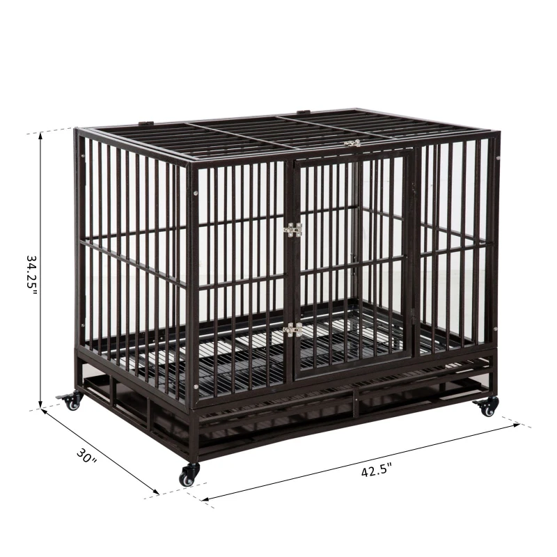 PawHut 42" Heavy Duty Dog Kennel Elevated Rolling Pet Crate Kennel Trays - Brown Vein