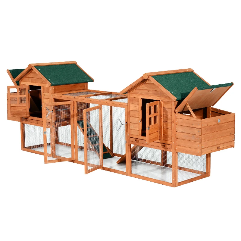 PawHut Dual Chicken Coop with Garden Bed, Large Hen House with Nesting Boxes, Removable Trays, Ramps, 123" x 27.5" x 42.5", Natural Wood