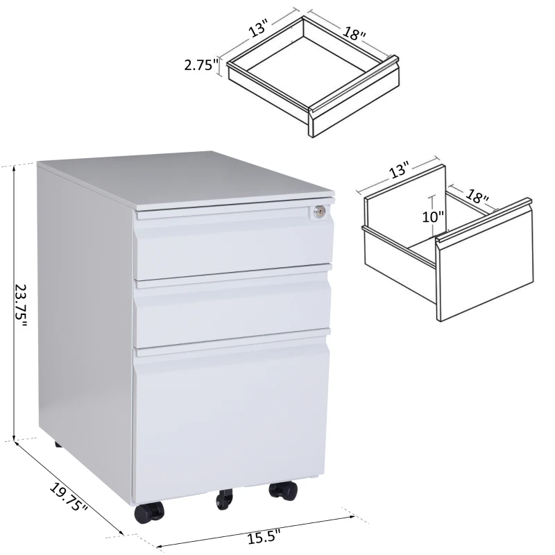 HomCom 24" Steel 3 Drawer Locking File Cabinet on Wheels - Grey