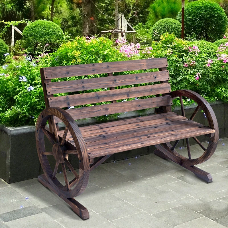 Outsunny Rustic Wooden Outdoor Garden Chair Patio Wagon Wheel Bench Seat
