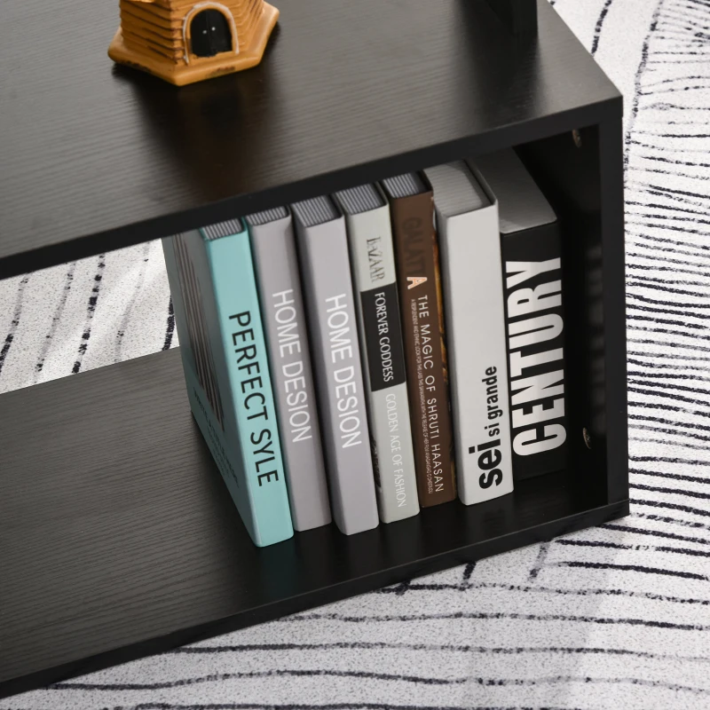 HomCom 360° Rotating Home Office Corner Desk and Storage Shelf Combo L-Shaped Table Workstation - Black