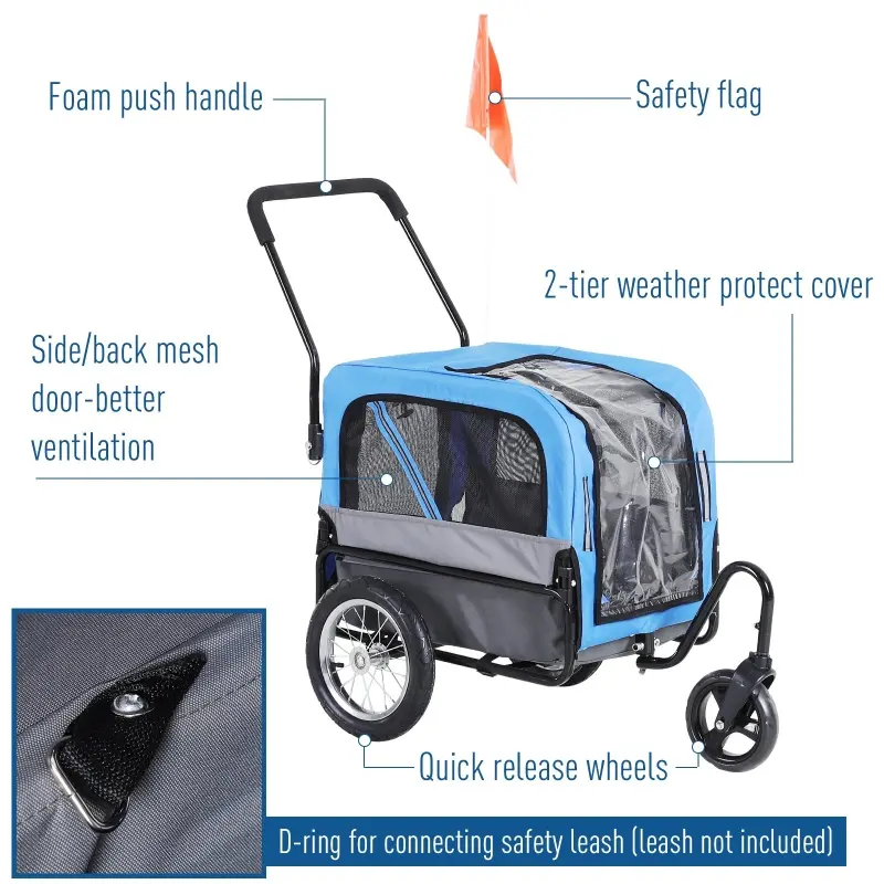 Aosom 3 Wheeled Cruiser Bike Trailer 2-in-1 Pet Jogging Stroller for Pets - Blue/ Grey