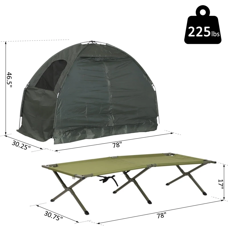 Outsunny Portable 1 Person Raised Camping Tent Cot Combination for Fishing and Hunting - Green