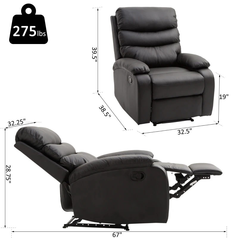 HomCom PU Leather Traditional Manual Recliner Chair - Black