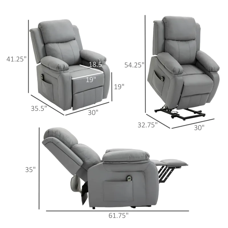 HOMCOM Living Room Power Lift Chair, PU Leather Electric Recliner Sofa Chair for Elderly with Remote Control, Gray