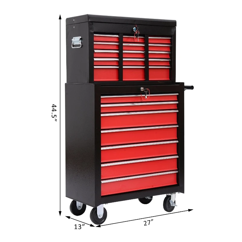 HomCom Garage Rolling Tool Chest Cabinet with 16 Drawers - Black and Red