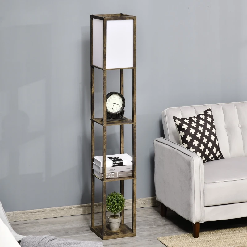 HOMCOM 3-Tier Floor Lamp, Standing Reading Light with Storage Shelves for Living Room, Bedroom, or Dining Room, Rustic Brown