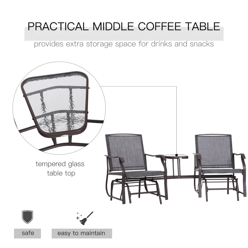 Outsunny Double Patio Glider with Tea Table, Tempered Glass, Outdoor Garden Loveseat - Relaxing Furniture for Couples