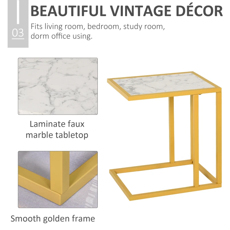 HomCom Modern Console C-Shape Side Table with Marble-Looking Tabletop, a Unique Modern Design, & Practicality - White