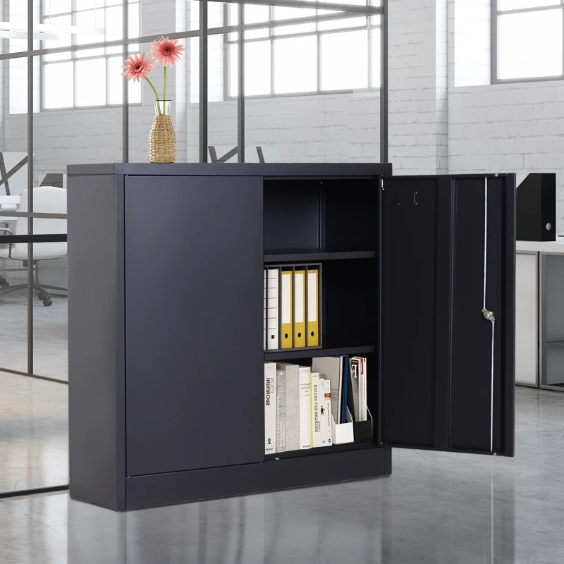 HomCom 36" Counter Height Metal Locking Storage Cabinet with 2 Adjustable Shelves - Black