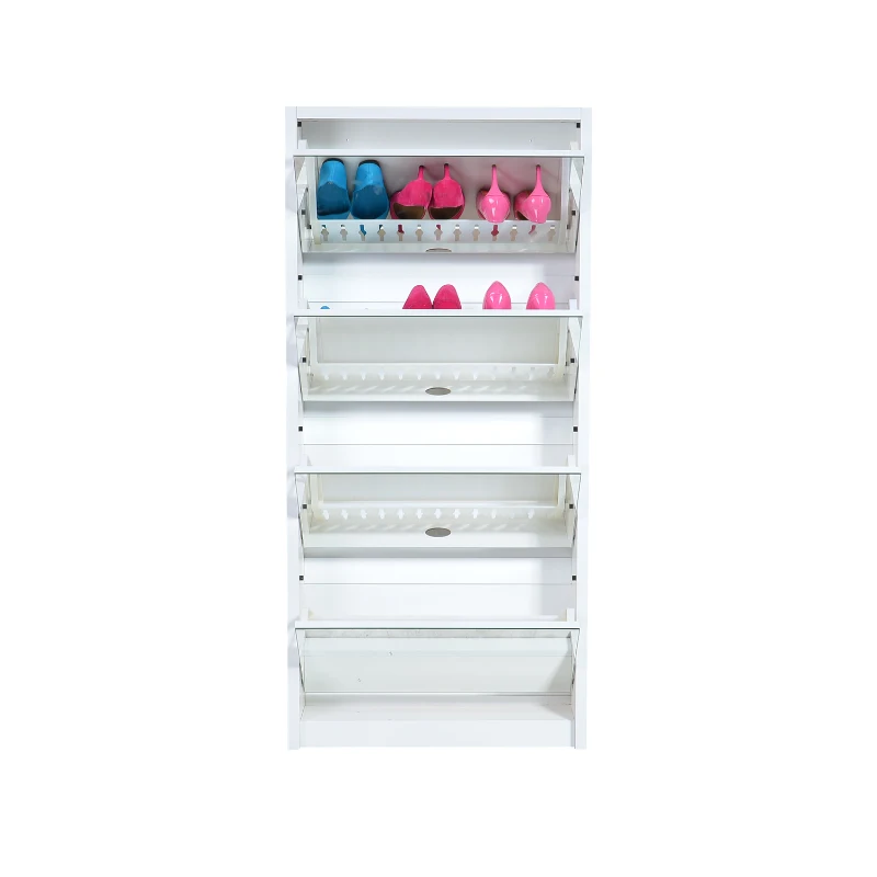 HomCom 4-Door Mirrored Shoe Rack Cabinet - White