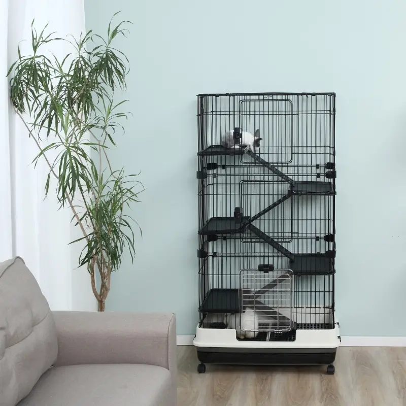 PawHut 32" 5-level Indoor Rabbit Enclosure Small Animal Hutch - Black