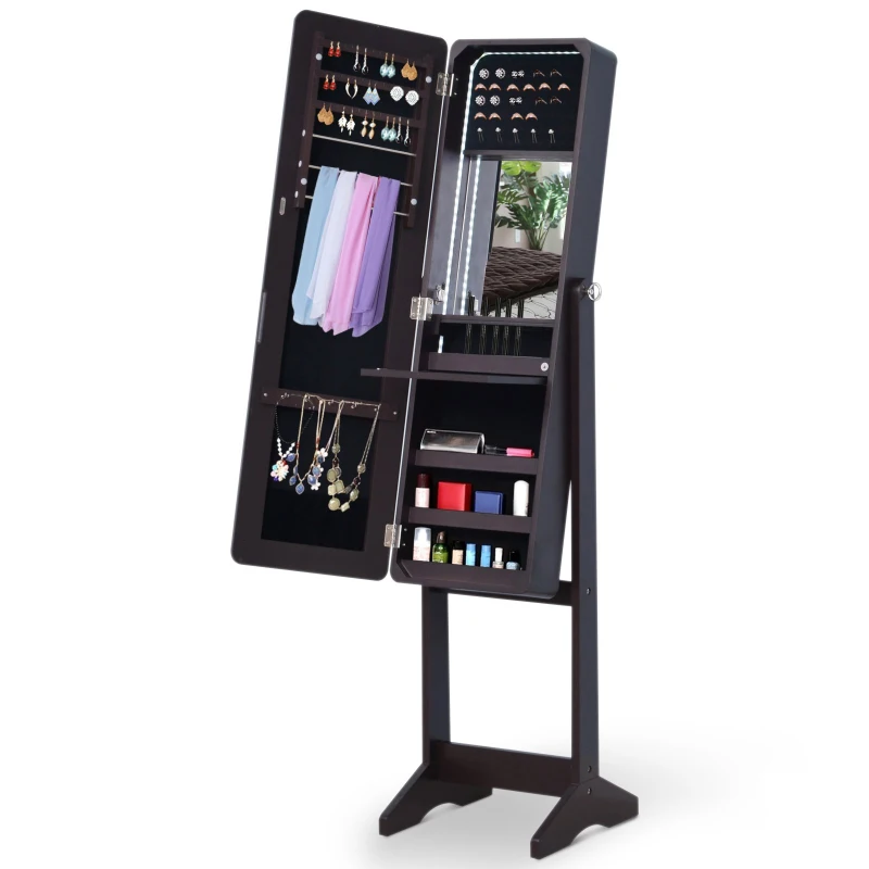 HOMCOM 58” Freestanding LED Jewelry Storage Cabinet Armoire with Full-Length Mirror Dark Coffee