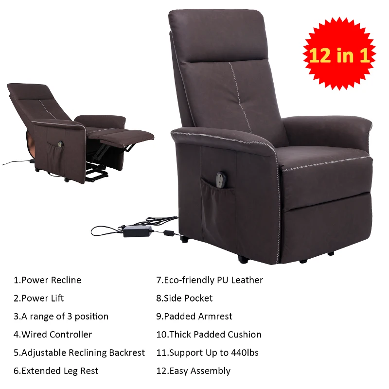 HomCom Faux Leather Three Position Lift Chair Recliner With Remote - Brown