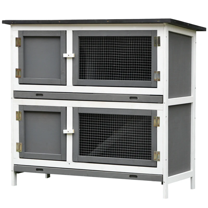 PawHut Solid Wood Double Rabbit Hutch with 2 Large Main Rooms and Firm Cage - Grey